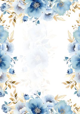 Mavi ve beyaz modern arkaplan çiçek ve çiçekli davetiye şablonu