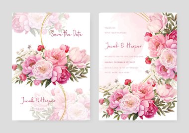 Pembe ve kırmızı şakayıklı lüks düğün davetiyesi. Altın çizgili sanat çiçekleri, botanik yapraklar, şekiller, suluboya.