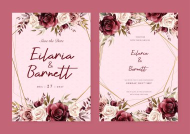 Çiçek çerçeveli kırmızı ve beyaz gül çiçekli düğün davetiyesi şablonu