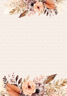 Kahverengi bej ve şeftali rengi suluboya el boyalı arka plan şablonu Davetiye ve çiçek ile birlikte