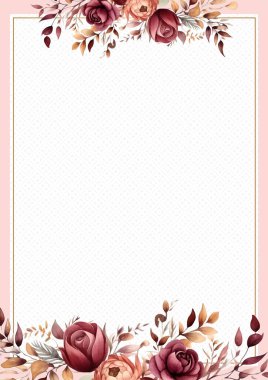 Kırmızı beyaz ve şeftali rengi modern çelenk çiçek ve bitki örtülü davet çerçevesi