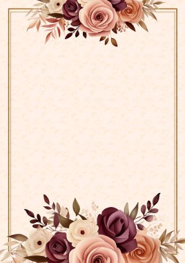 Kırmızı kahverengi ve bej renkli kırsal vektör gerçekçi altın renkli çiçek ve flora davetiyesi