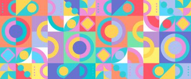 Geometrik minimum mozaik mozaik. Basit renkli daire şekilleri, modern Bauhaus bayrak vektör tasarımı