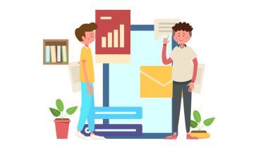 İki kişi iş dosyası ve diyagram raporunun önünde duruyor.