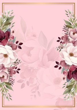 Kırmızı ve beyaz modern çelenk arkaplan daveti çerçevesi çiçek ve flora ile