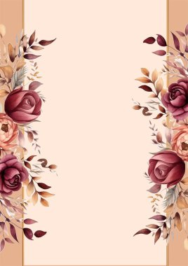 Kırmızı ve şeftali rengi suluboya el boyası arkaplan şablonu Davetiye ve çiçek ile birlikte