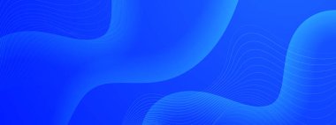 Mavi geometrik soyut arka plan, parlak uzayda dalga dekorasyonuyla örtüşüyor. Pankart, el ilanı, kart veya broşür kapağı için minimalist modern grafik tasarım unsuru kesme biçimi konsepti