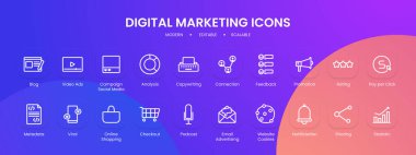 Siyah ana hatlı dijital pazarlama ikonu koleksiyonu. pazarlama, dijital, medya, sosyal, iş, internet, teknoloji. Vektör İllüstrasyonu