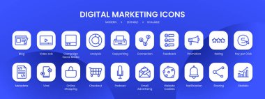 Dijital pazarlama simgesi koleksiyonu ve siyah çizgili ana hatları var. pazarlama, dijital, medya, sosyal, iş, internet, teknoloji. Vektör İllüstrasyonu