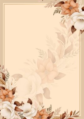 Kahverengi bej ve beyaz çelenk. Çiçekli ve çiçekli davetiye şablonu.