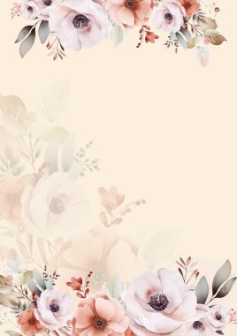 Şeftali bej ve beyaz vektör. Çiçekli ve çiçekli gerçekçi altın renkli davetiye.