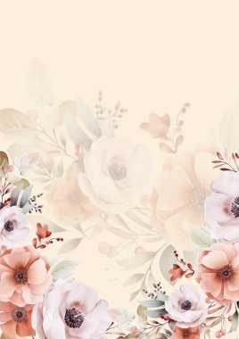 Şeftali rengi bej ve beyaz davetiye arkaplan çiçekli suluboya resim