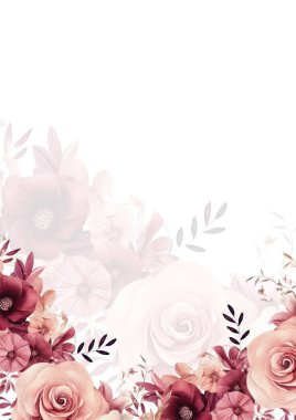 Kırmızı pembe ve bej çelenk arka plan davetiye şablonu çiçek ve flora ile