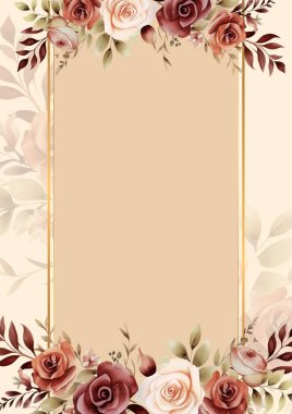 Kırmızı ve bej vektör gerçekçi altın renkli çiçek ve flora davetiyesi