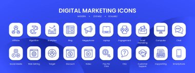 Dijital pazarlama simgesi koleksiyonu ve siyah çizgili ana hatları var. pazarlama, dijital, medya, sosyal, iş, internet, teknoloji. Vektör İllüstrasyonu
