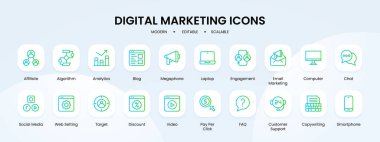 Mavi ve yeşil gradyan ana hatlı dijital pazarlama ikonu koleksiyonu. pazarlama, dijital, medya, sosyal, iş, internet, teknoloji. Vektör İllüstrasyonu