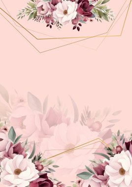 Kırmızı pembe ve beyaz suluboya el boyası arkaplan şablonu Davetiye ve çiçek ile birlikte