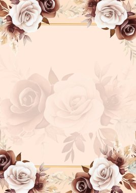 Kahverengi bej ve beyaz modern çelenk. Çiçekli ve çiçekli davet çerçevesi.