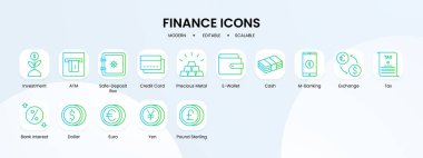 Mavi ve yeşil gradyan ana hatlı finans simgesi koleksiyonu. Finans, iş, koleksiyon, para, bankacılık, banka, internet. Vektör İllüstrasyonu