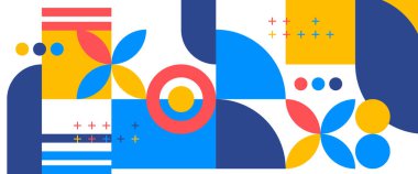 Renkli modern vektör soyut geometrik arka plan daireler, dikdörtgenler ve kareler basit şekiller duvar kağıdı, iş yeri, kurumsal, kurum, parti için grafik desen