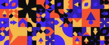 Soyut şekillere sahip mavi siyah ve turuncu vektör modern afişler geometrik mozaik modern grafik tasarım elementi mozaik tasarım konsepti afiş, el ilanı, kart veya broşür kapağı