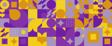Basit şekillere sahip sarı kahverengi ve mor menekşe soyut geometrik mozaik sancak tasarımı Minimalist modern grafik tasarım elementi mozaik tarzı kapak, el ilanı, kart veya broşür kapağı konsepti