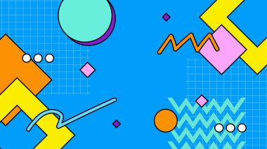 80 'li yılların renkli vektörü nostaljik geçmişe dönük modaya uygun arka plan tasarımını 1970' lerin hippi tarzında taklit ediyor. Vektör illüstrasyonu