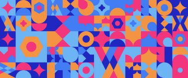 Mavi turuncu ve pembe geometrik mozaik. Basit daire şekilleri, modern Bauhaus sancak vektör tasarımı Minimalist modern grafik tasarım mozaik tarzı konsept