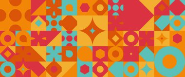 Yaratıcı soyut şekillere sahip turuncu kırmızı ve yeşil geometrik kusursuz desenli çizimler. Minimalist modern grafik tasarım elementi mozaik tarzı konsepti