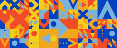 Soyut şekillere sahip sarı turuncu ve mavi vektör modern afişler geometrik mozaik modern grafik tasarım elemanı mozaik tasarım konsepti afiş, el ilanı, kart veya broşür kapağı