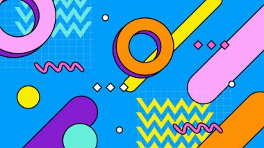 80 'li yılların renkli vektörü nostaljik geçmişe dönük modaya uygun arka plan tasarımını 1970' lerin hippi tarzında taklit ediyor. Vektör illüstrasyonu