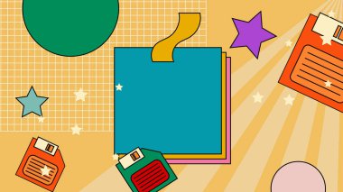 Renkli renkli vektör düz geçmişe dönük nostaljik arka plan Retro moda hippi 70 'lerin modası eski moda funky 1970' lerin çizgi film arka planı