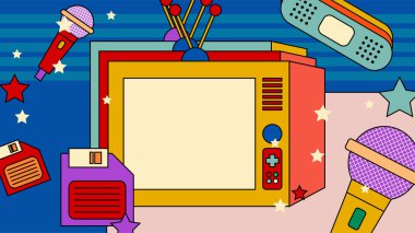 Renkli renkli vektör 90 'lar Memphis nostaljik retro arka plan Retro moda hippi trippy 70' ler klasik funky çizgi film arka planı
