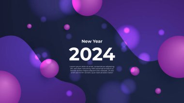 Mutlu yıllar 2024 kutlamaları. İniş sayfası, şablon, ui, web, mobil uygulama, poster, afiş, el ilanı. Mavi ve mor menekşe vektör trend yeni yıl 2024 tasarım pankartı