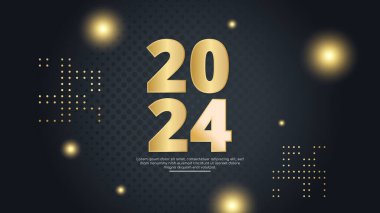 Siyah ve altın taşıyıcı modern 2024 yeni yıl afişi şekilli. Mutlu yıllar 2024 arkaplan