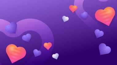 Kırmızı pembe ve mor menekşe vektör kalp ve aşk arka planı. Poster, broşür, tebrik kartı, web sitesi başlığı için Valentine vektörü