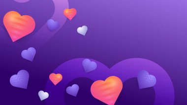 Kırmızı pembe ve mor menekşe vektör mutlu aşk arkaplanı ve üç boyutlu kalpler. Poster, broşür, tebrik kartı, web sitesi başlığı için Valentine vektörü