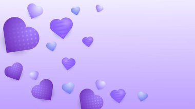 Mor menekşe vektör aşk arkaplanı ve dekore edilmiş kalp. Poster, broşür, tebrik kartı, web sitesi başlığı için Valentine vektörü