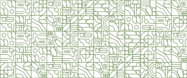 Geometrik eko yeşil ana hatlı mozaik desen. Soyut gıda meyve bitkileri basit şekiller, minimum doğal tarım bayrağı. Vektör tasarımı