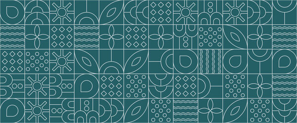 Green and white geometric minimal pattern mosaic. Simple outline nature shapes, modern bauhaus banner vector design