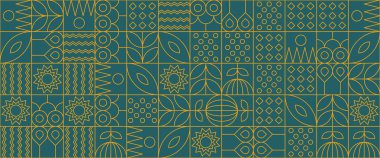 Ana hatları doğa mozaik geometrik tasarımı olan yeşil ve sarı vektör sancakları