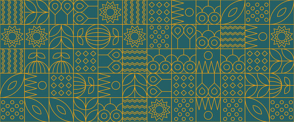 Green and yellow vector flat mosaic banners with outline nature shapes