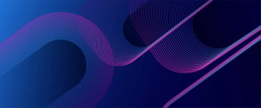 Mavi ve mor menekşe modern soyut parlak çizgiler pankart. Gelecekçi teknoloji konsepti. Parlak geometrik çizgileri olan soyut ve zarif bir mavi arkaplan. Modern köşegen yuvarlak çizgi deseni.
