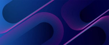 Geometrik çizgili çizgili mavi ve mor renkli soyut pankartlar. Modern parlak çizgiler. Gelecekçi teknoloji konsepti. Yatay pankart şablonu. Korunmak için takım elbise, poster