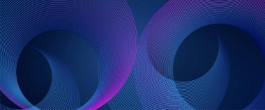 Mavi ve mor menekşe modern fütürist soyut çizgi pankartı. Parlak geometrik çizgileri olan soyut ve zarif bir mavi arkaplan. Modern köşegen yuvarlak çizgi deseni.