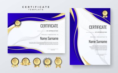 Beyaz, mavi ve altın İki sertifika şablonu dinamik ve fütürist element modern arkaplan