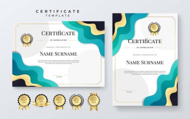 Vector black gold tosca ve beyaz sertifika takdir sınır şablonu lüks rozetler ve modern çizgi modeli ödül veya başarı için