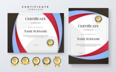 Modern kırmızı beyaz sertifika şablonu dinamik ve gelecekçi çokgen renk ve modern arkaplan.