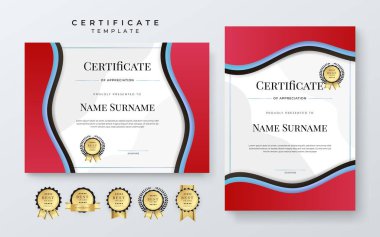 Modern kırmızı beyaz sertifika şablonu dinamik ve gelecekçi çokgen renk ve modern arkaplan.