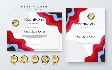 Modern kırmızı beyaz sertifika şablonu dinamik ve gelecekçi çokgen renk ve modern arkaplan.